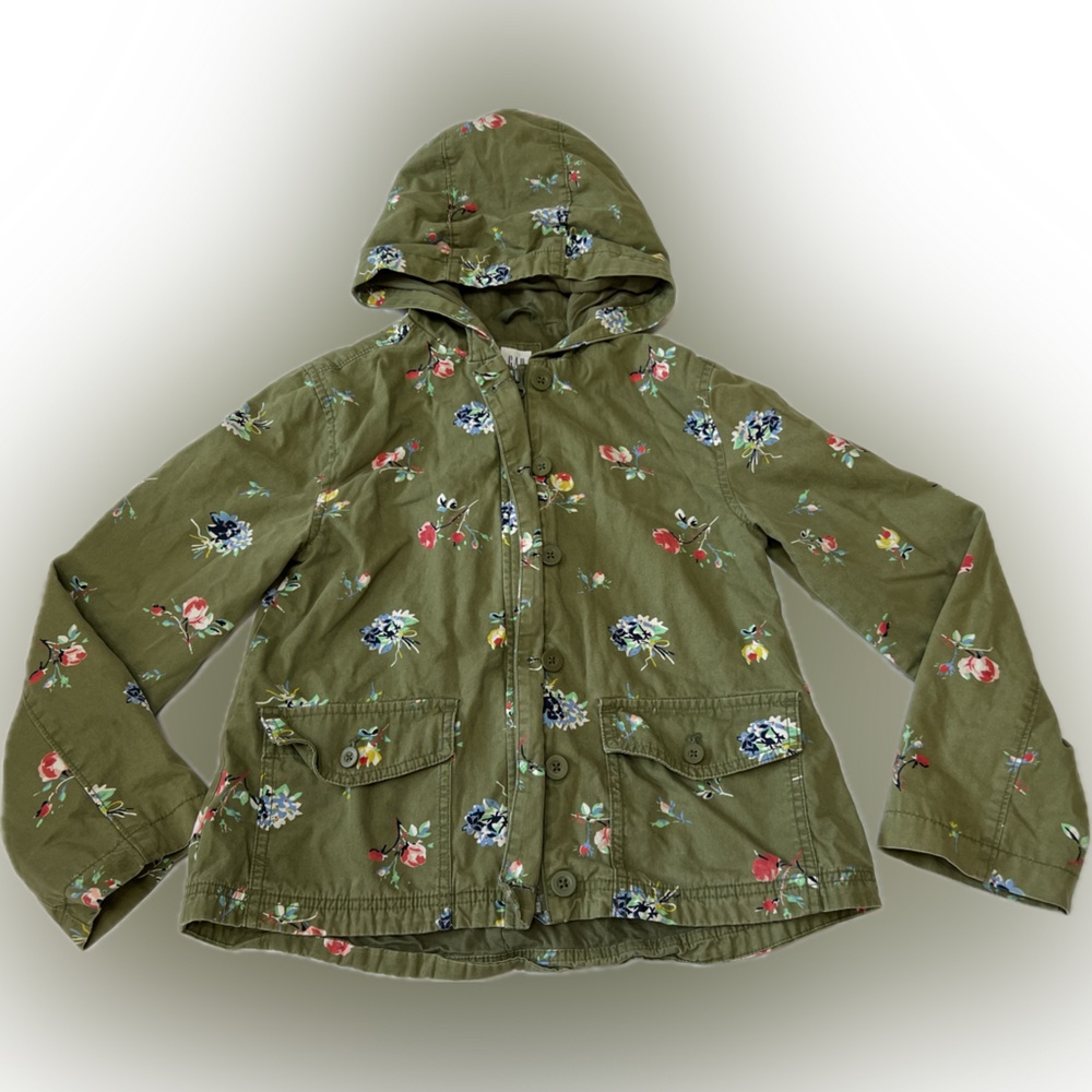 Girls' Olive Floral Hooded Jacket - Unbranded